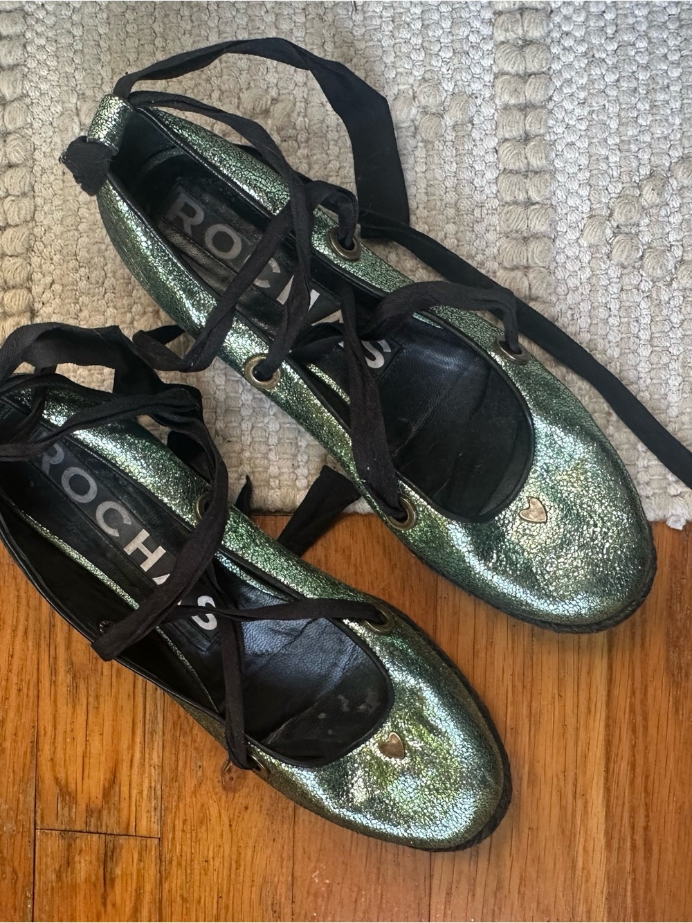 Rochas Metallic Green Glitter Lace-Up Ballet Flats